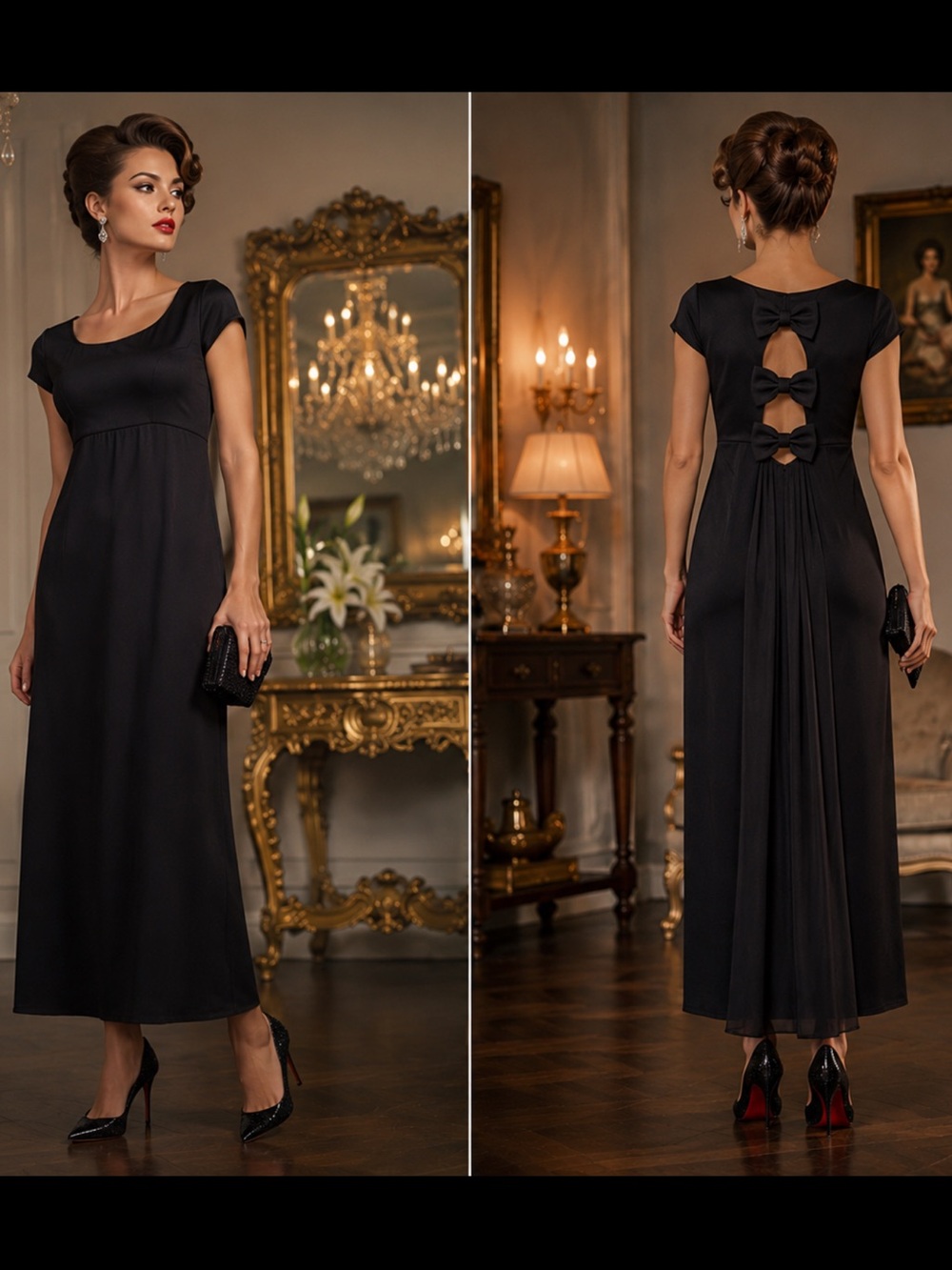 Vintage dress Romantic Dramatic Timeless Back Cutout Empire Waist Black Occasion